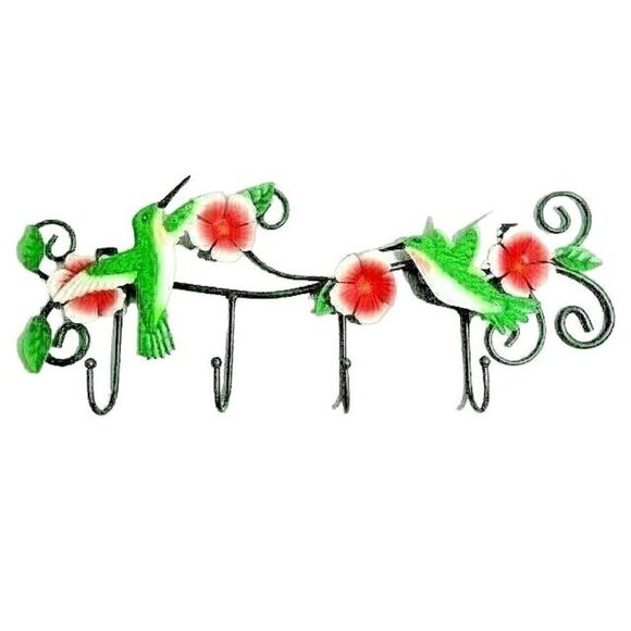 Hummingbird Garden Metal Wall Art Scroll Vine Hand Painted Flowers 4-Hooks NEW - Picture 1 of 5